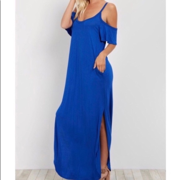 1 Medium LEFT! Cold Shoulder Maxi Dress Royal Blue - Picture 2 of 8